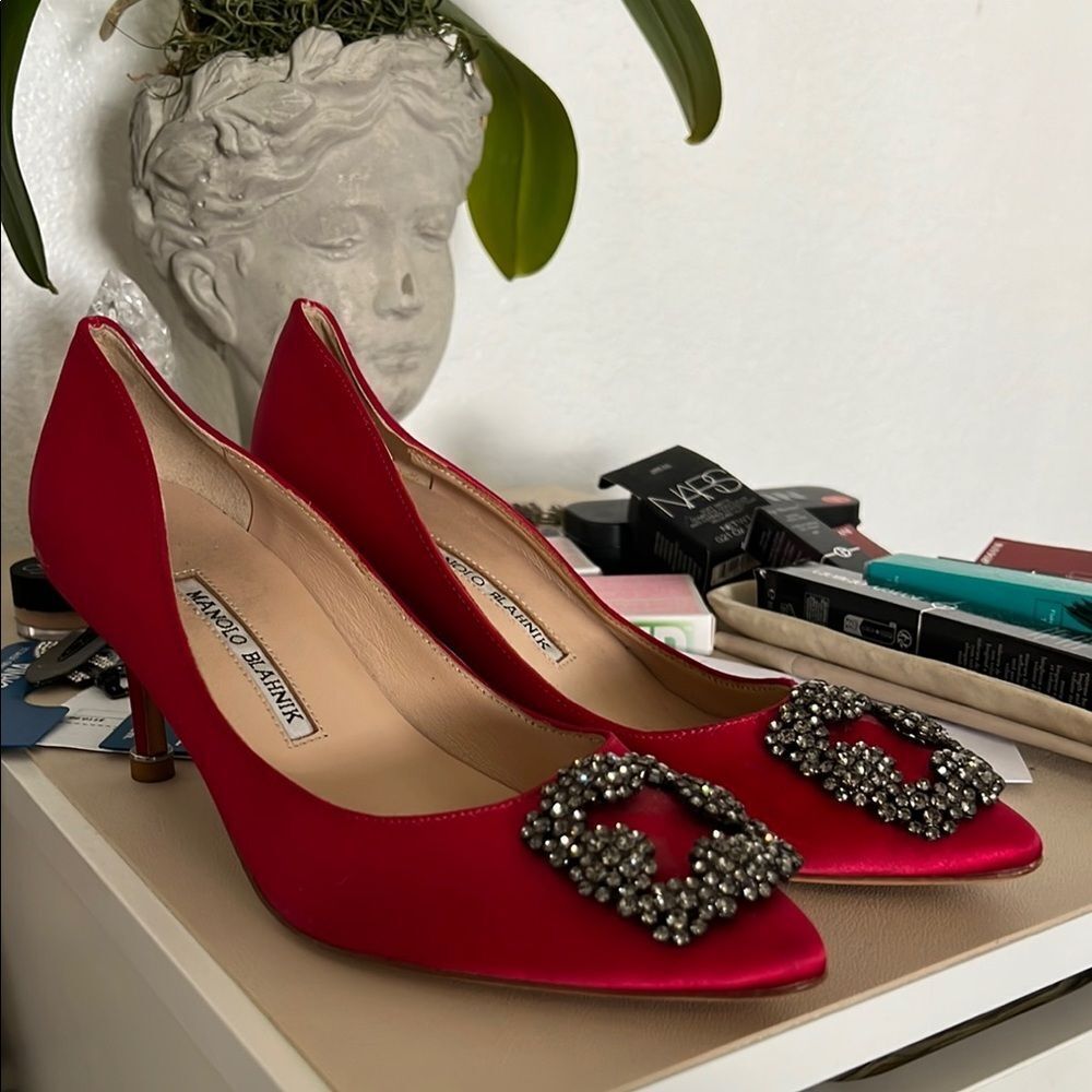 Manolo Blahnik Red Heels with Crystal Embellishments